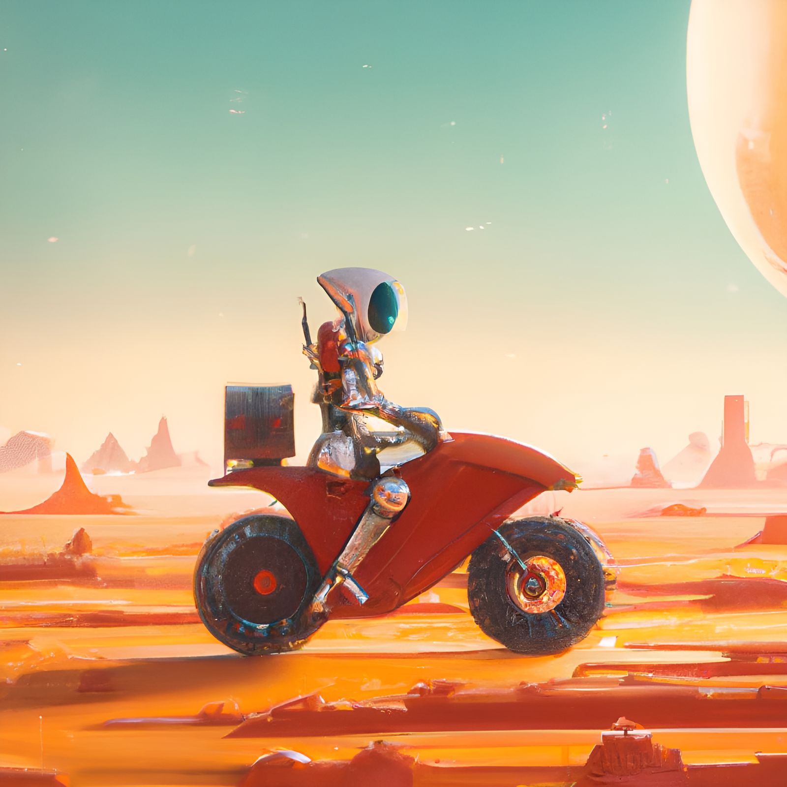 Cowboy Astronaut on Mars Riding Futuristic Motorbike