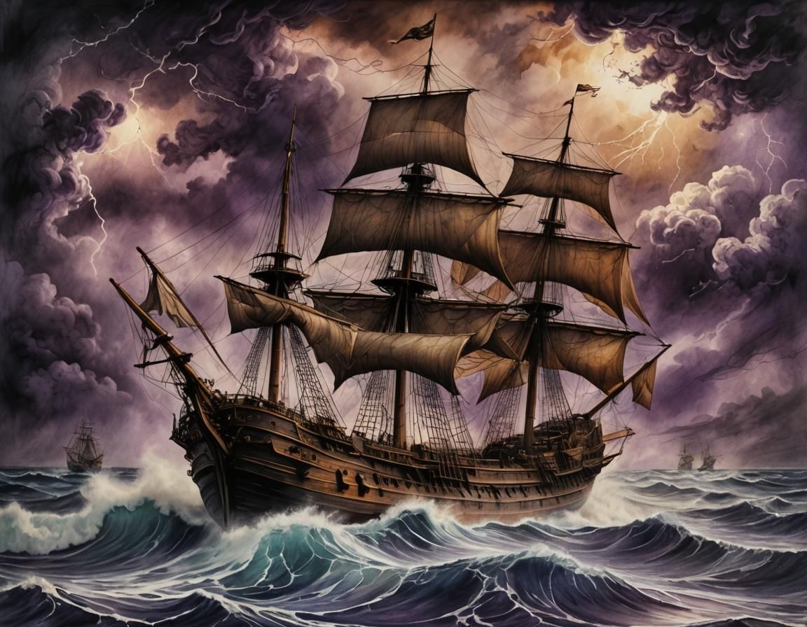 Galleon Battles Stormy Sea in Romanticism Style