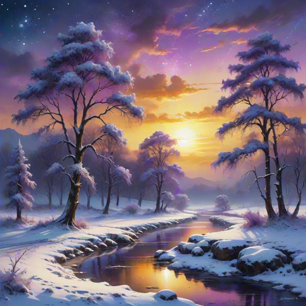 Golden Sunset Landscape in Oil Painting Style with Snowy Tre...