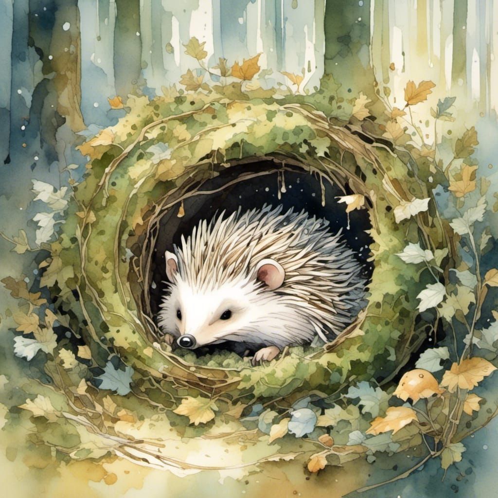 A sleepy hedgehog curled up in a nest of soft moss and leave...