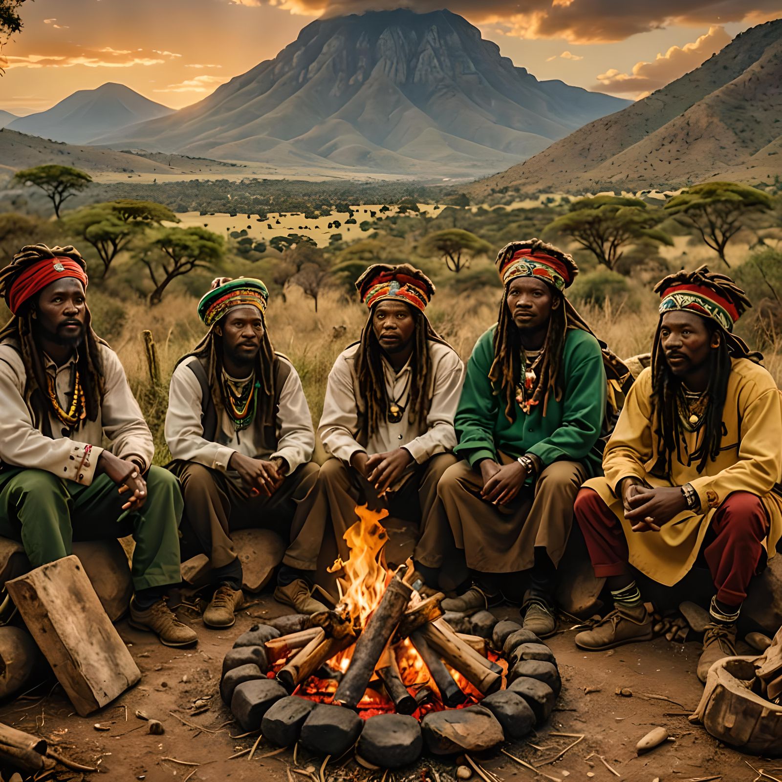 Movie poster for “Rastalife” depicting traditionally dressed Zulu Rastas sitting around a fire in beautiful southern Afr...