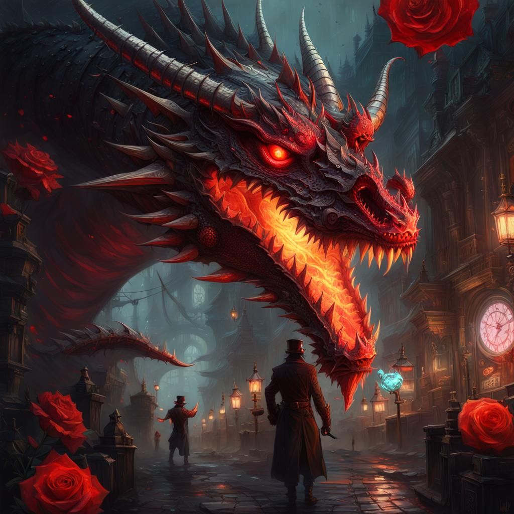 Steampunk Dragon with Glowing Rose, Detailed Art