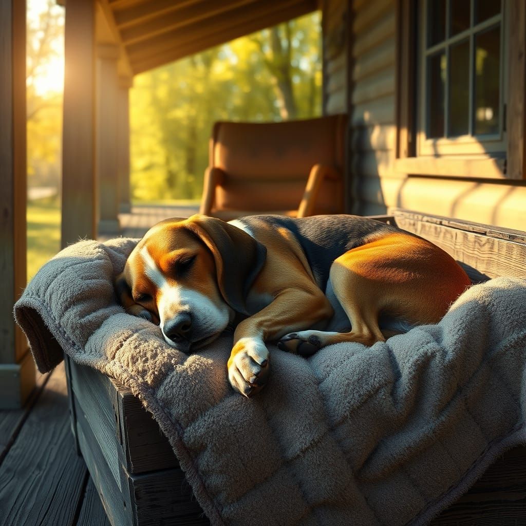 Basset Hound Naps on Sunny Porch in Matte Painting Style