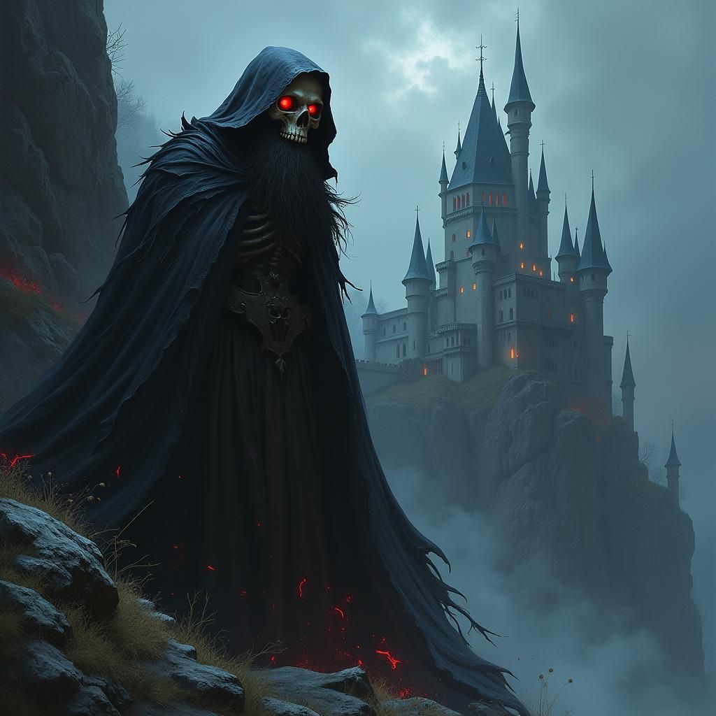 Skull Overlooking Dark Castle in Gothic Style
