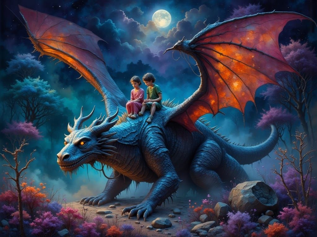 Children and Dragon in Vibrant Painterly Style