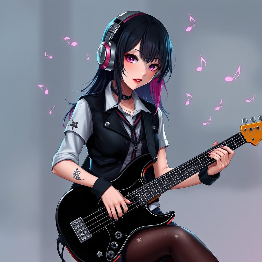 Hyper Realistic Anime Bassist in Combat Boots