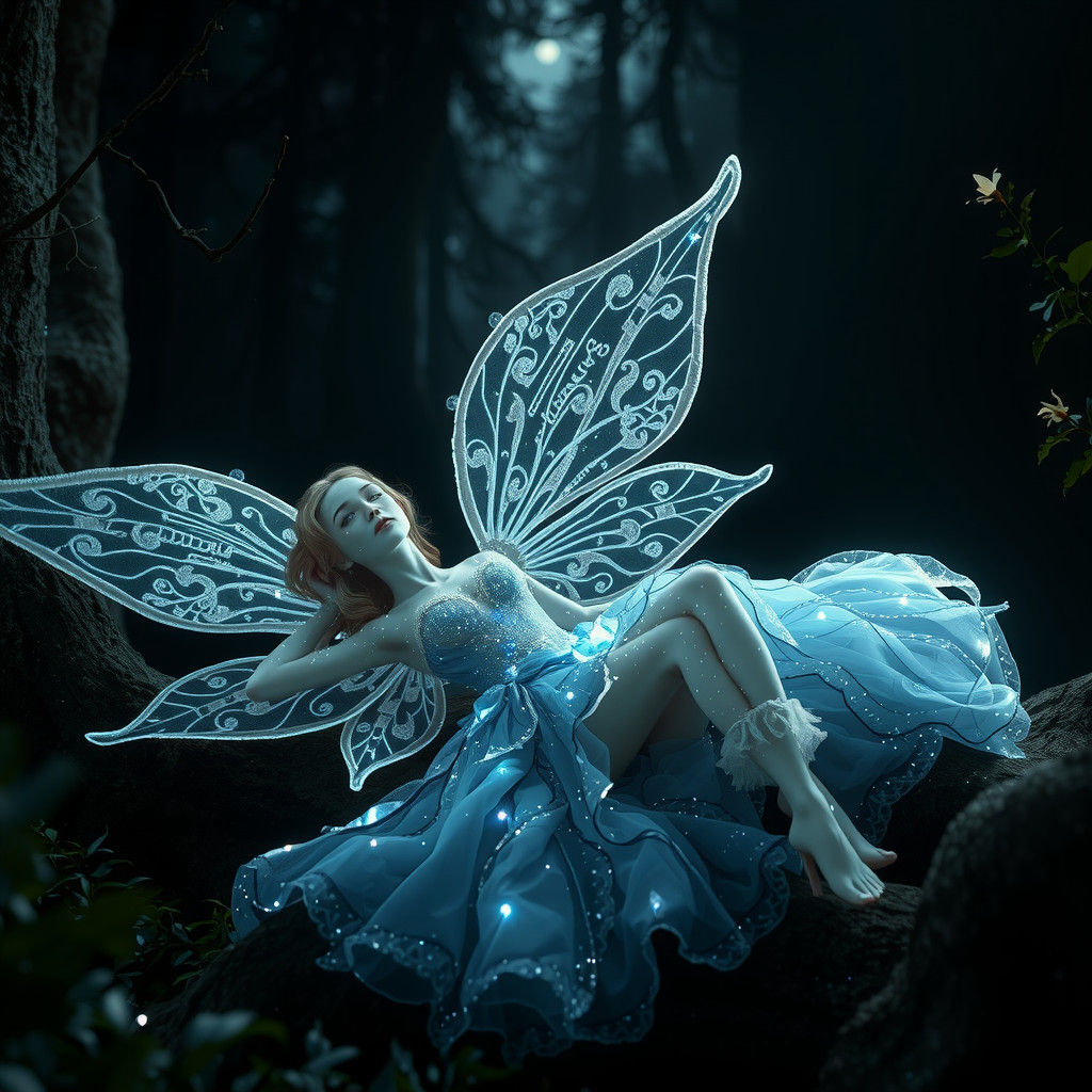Ethereal Fairy in Sapphire Gown, Hyper-Realistic Render