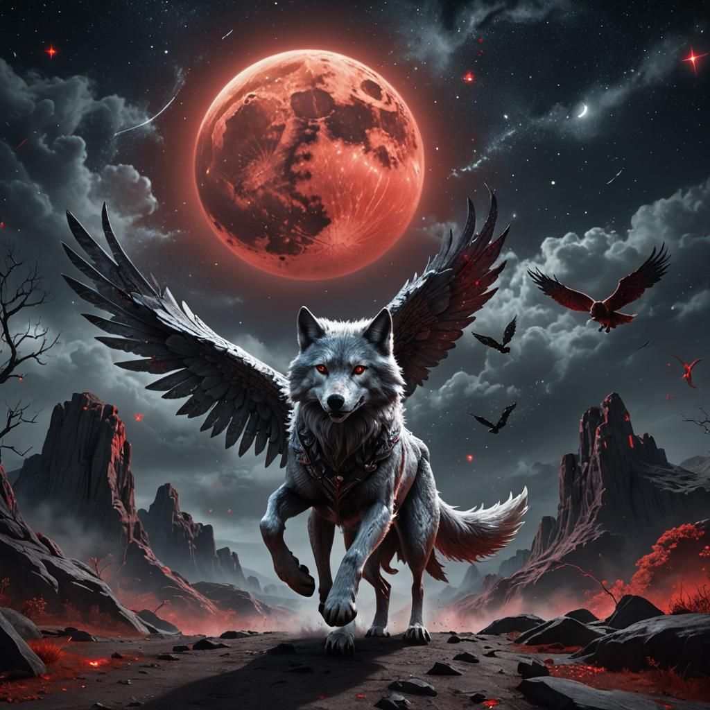 Winged Silver Wolf and Red Moon Fantasy Art