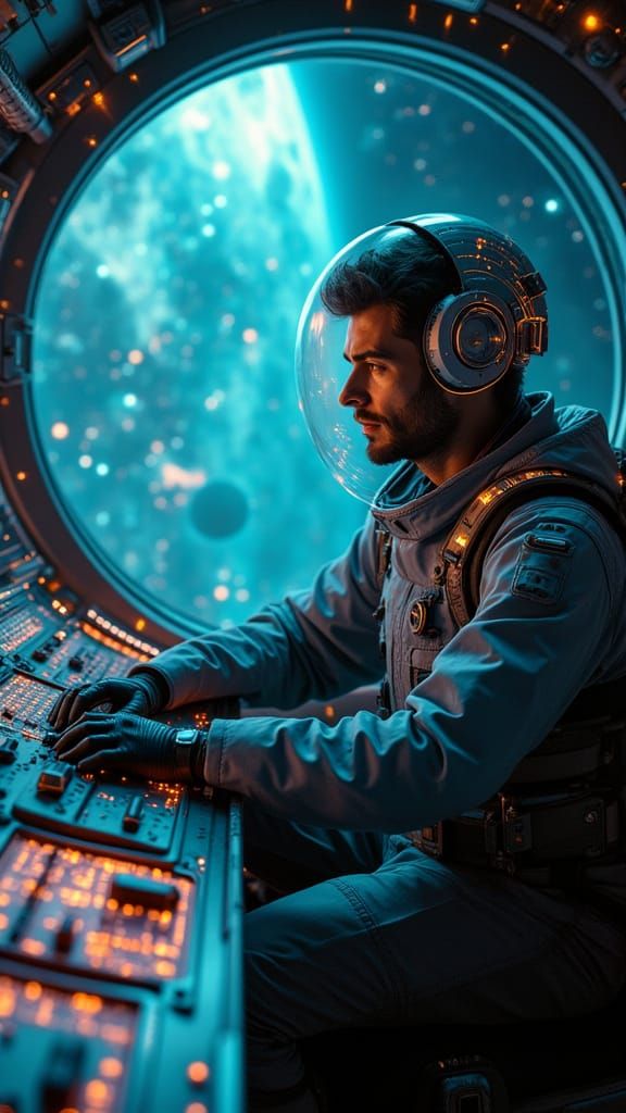 Engineer in Futuristic Spaceship Cockpit