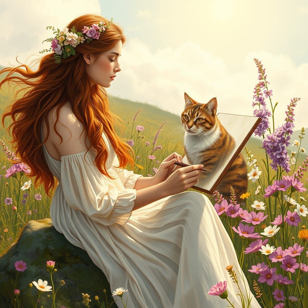 Enchanting Art Nouveau Portrait of a Woman with Her Cat