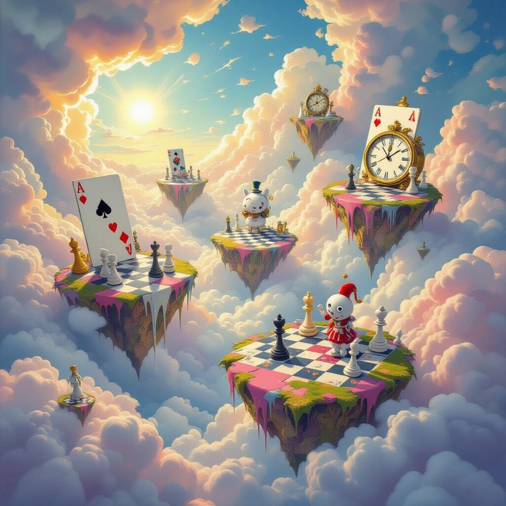 Surreal Landscape of Floating Card Islands and Chess Pieces