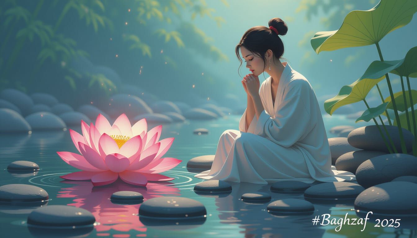 Contemplative Woman in Serene Lotus Sanctuary