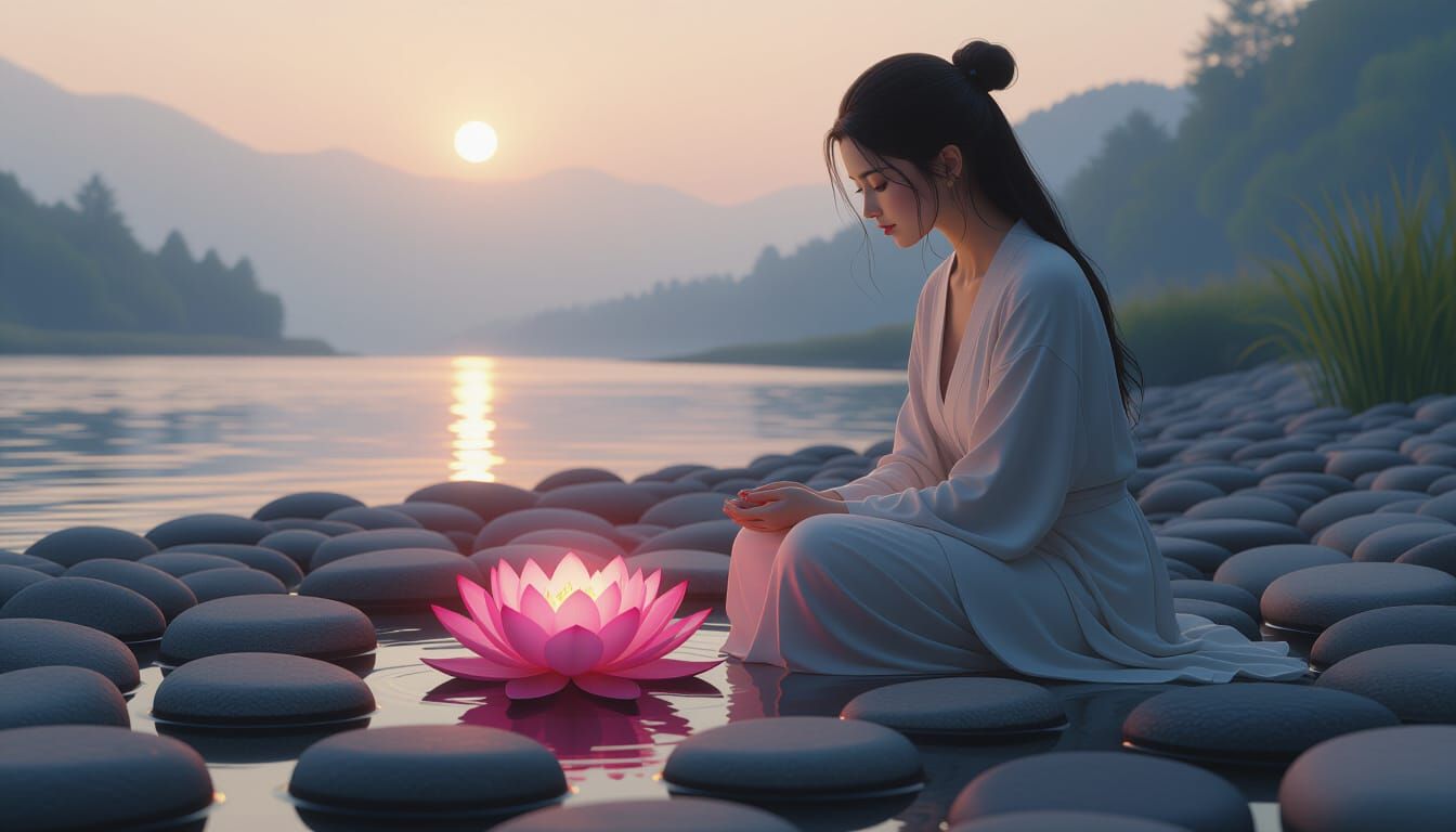 Contemplative Woman in Tranquil Lotus Sanctuary