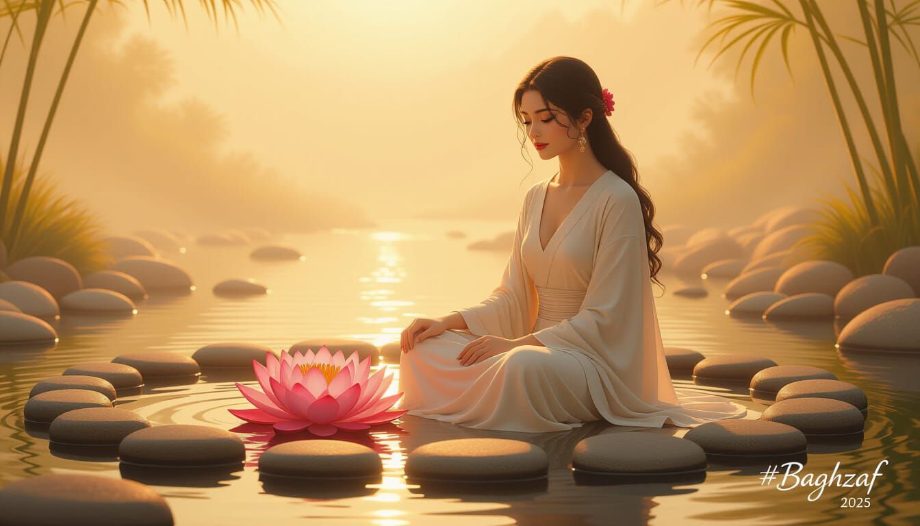 Serene Woman in Sacred Sanctuary with Glowing Lotus