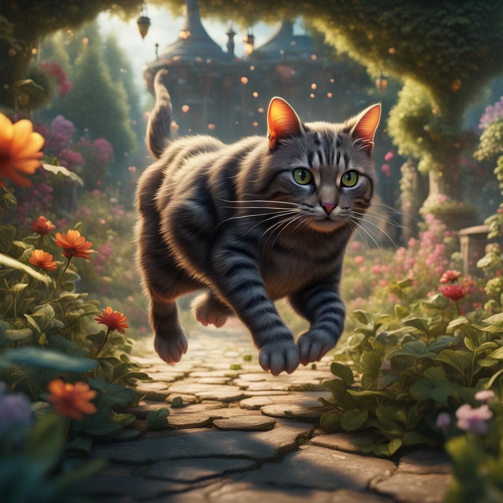 Cat and Giant Mouse in Garden: Fantasy Concept Art