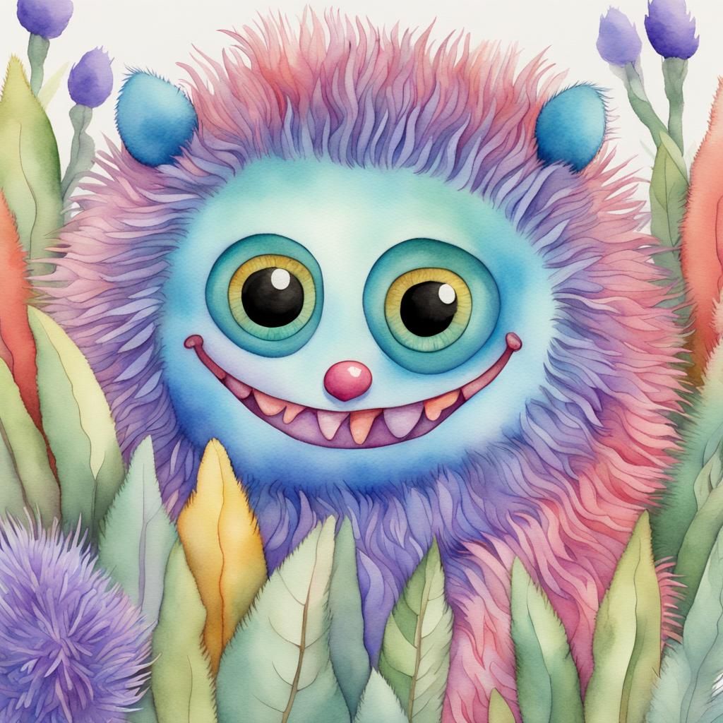 Friendly Furry Monster with Big Blue Eyes in Watercolor