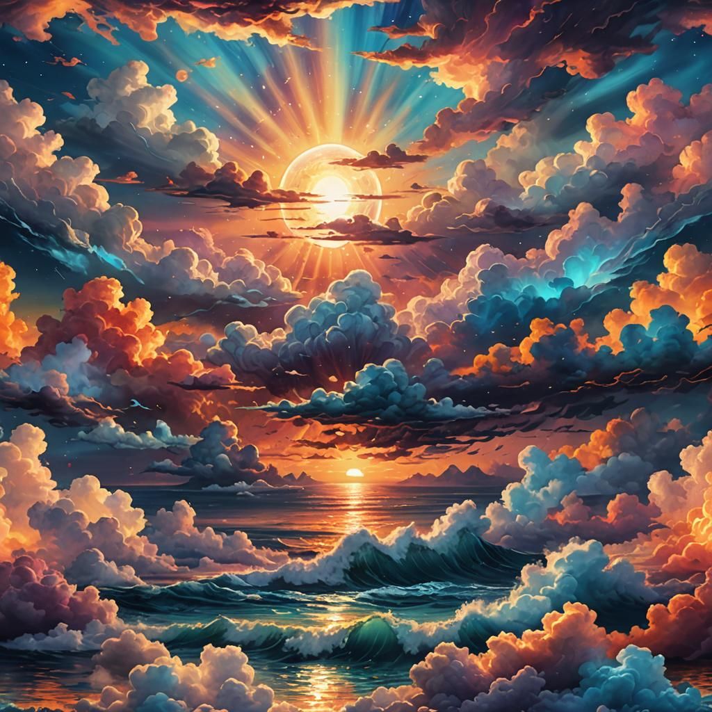 Astral Sunset Over Sea in Mixed Media Style