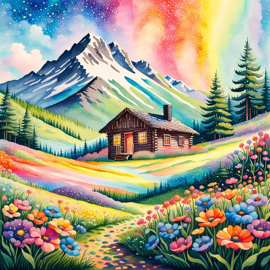 Fluorescent Pointillist Meadow under Rainbow Sky