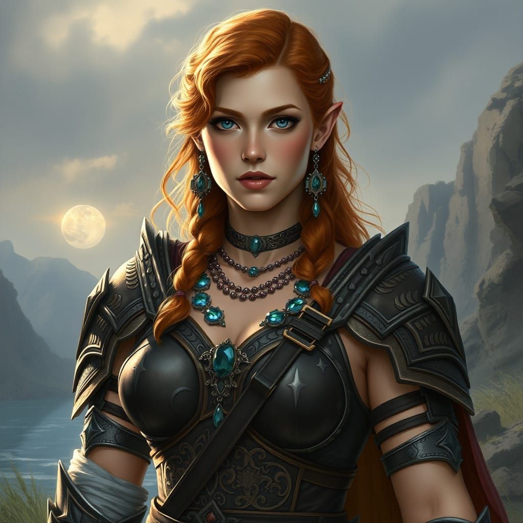 Ginger-Haired Half-Elf in Elegant Art Nouveau-Inspired Armor