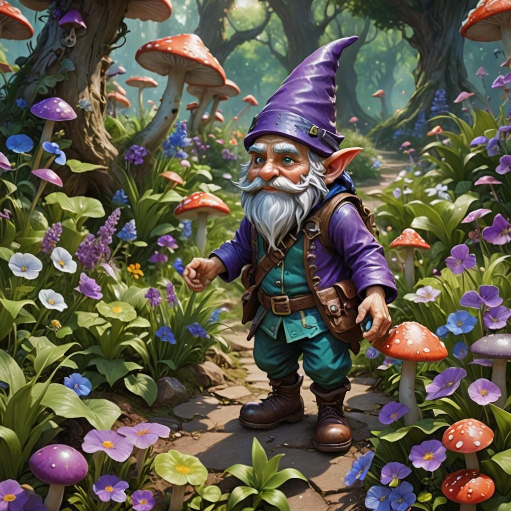 Hyperrealistic Gnome in Magical Garden with Flowers