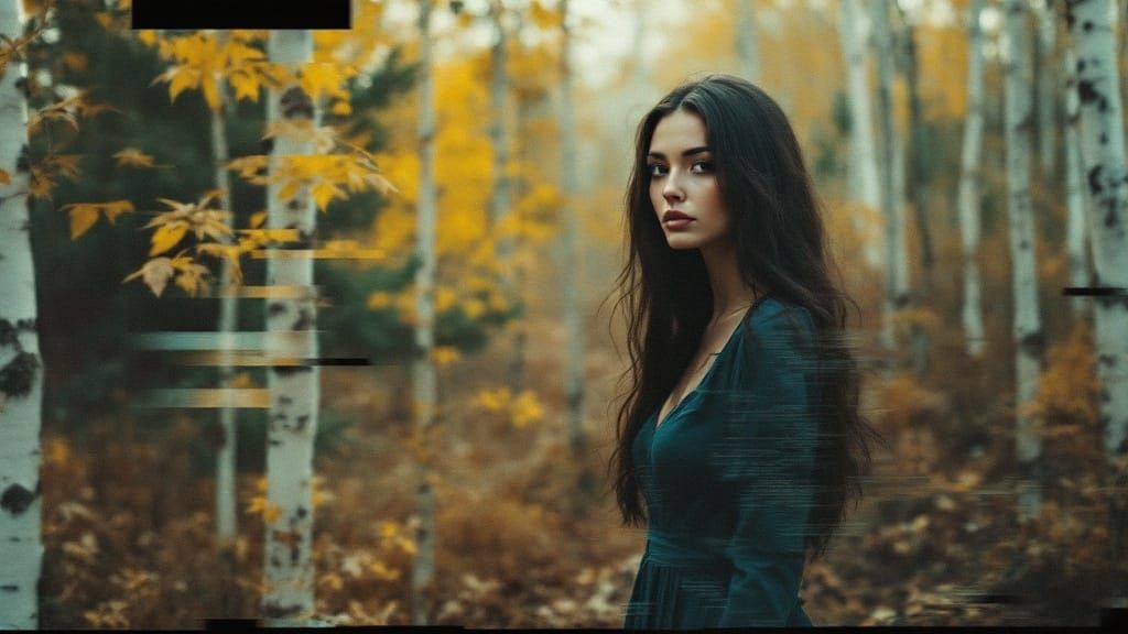 Ethereal Woman Amidst Birch Forest in Disorienting Compositi...