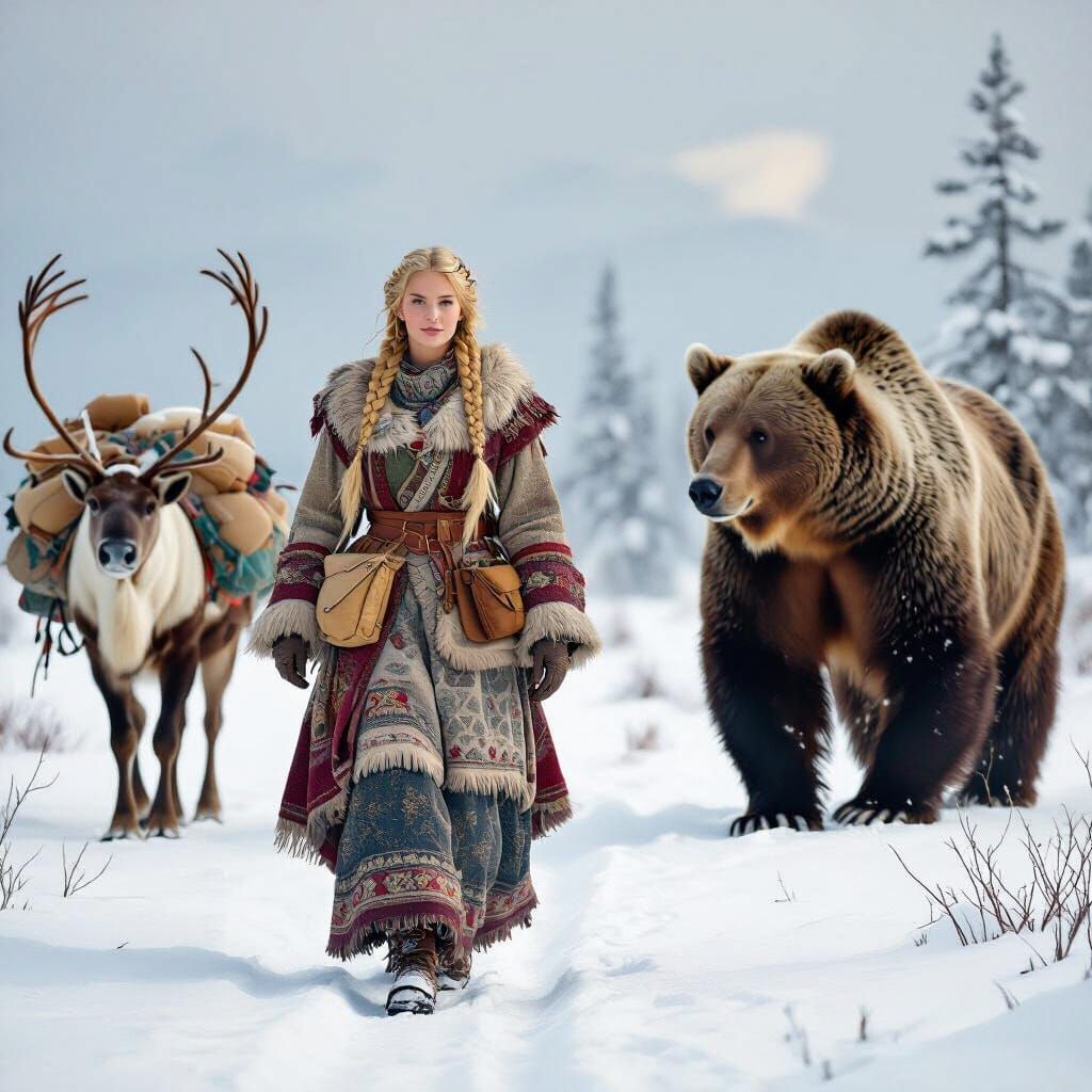 Finnish Heroine in Winter Landscape, Earthy Whimsical Art