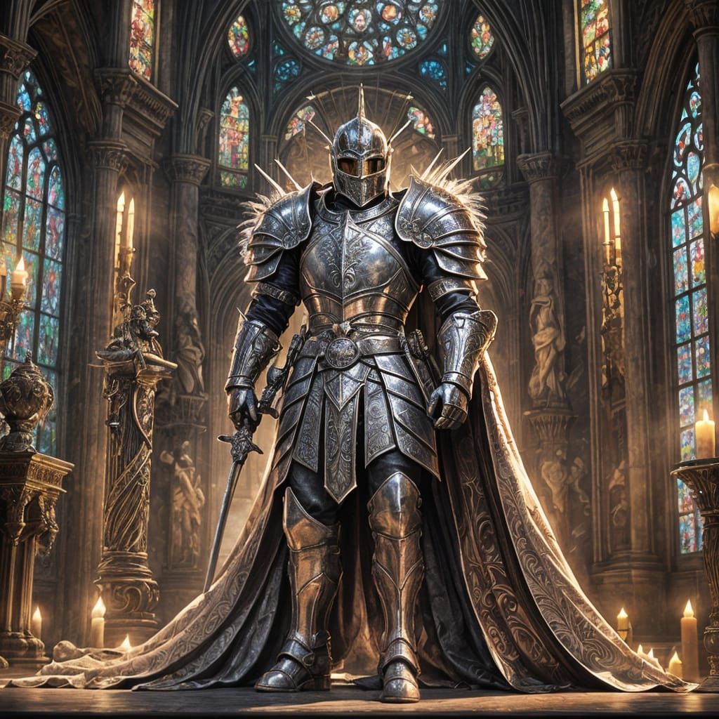 Elaborate Knight in Gothic Throne Room, Anime Style