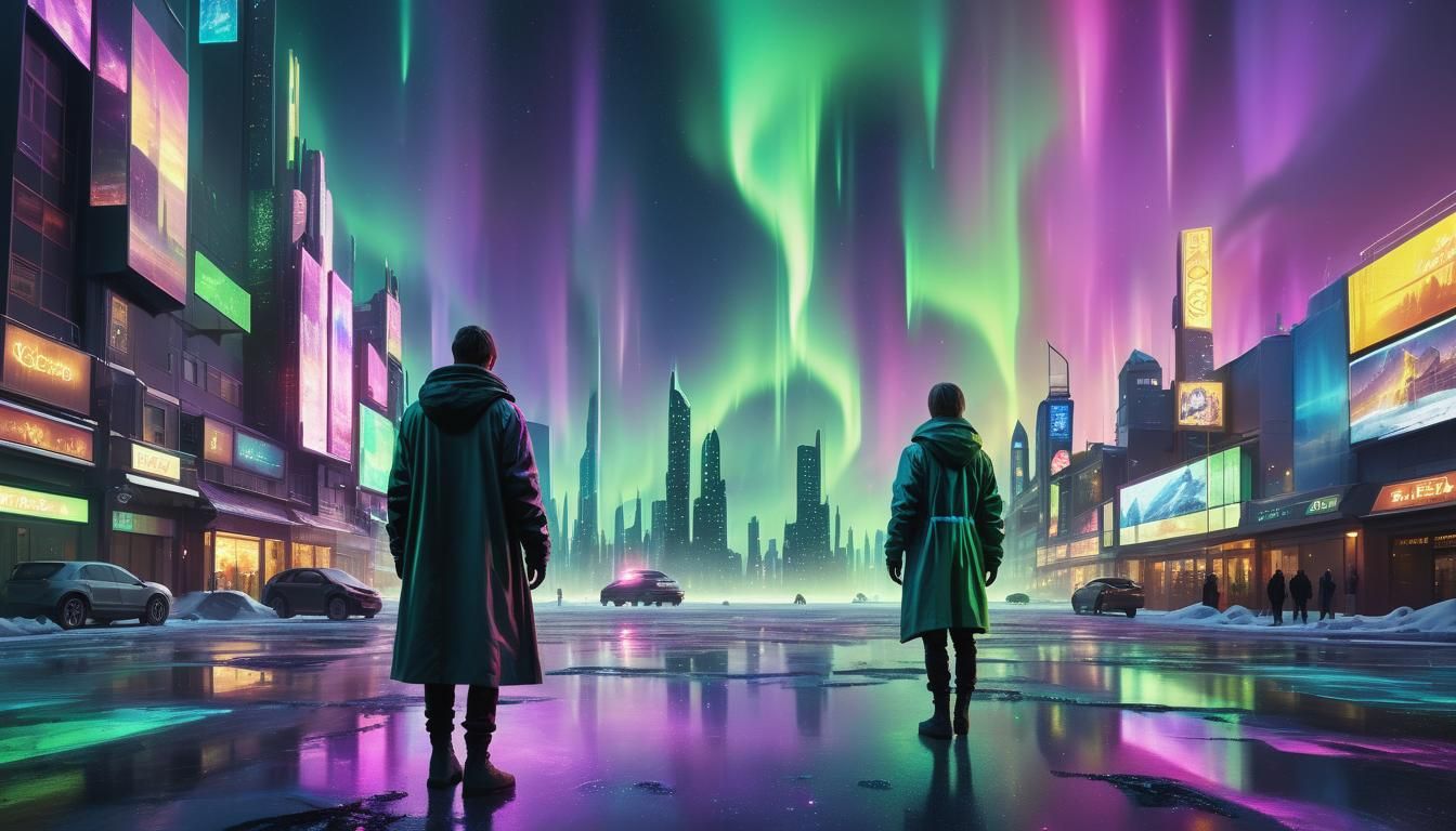 Futuristic Cityscape Aurora Borealis Digital Painting