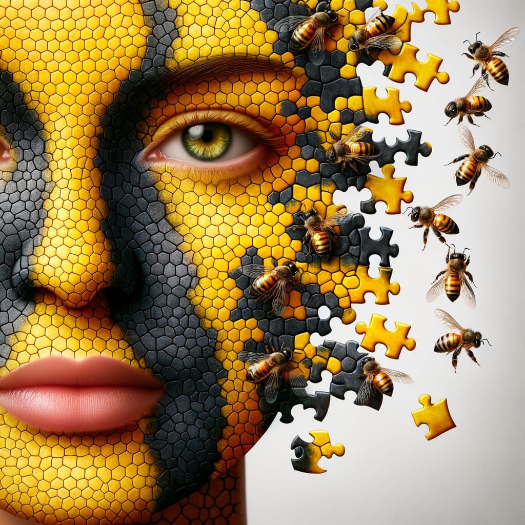 Surreal Portrait: Woman's Face as Hive and Puzzle