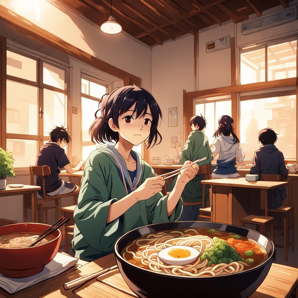 Anime Students Enjoying Ramen and Miso Soup