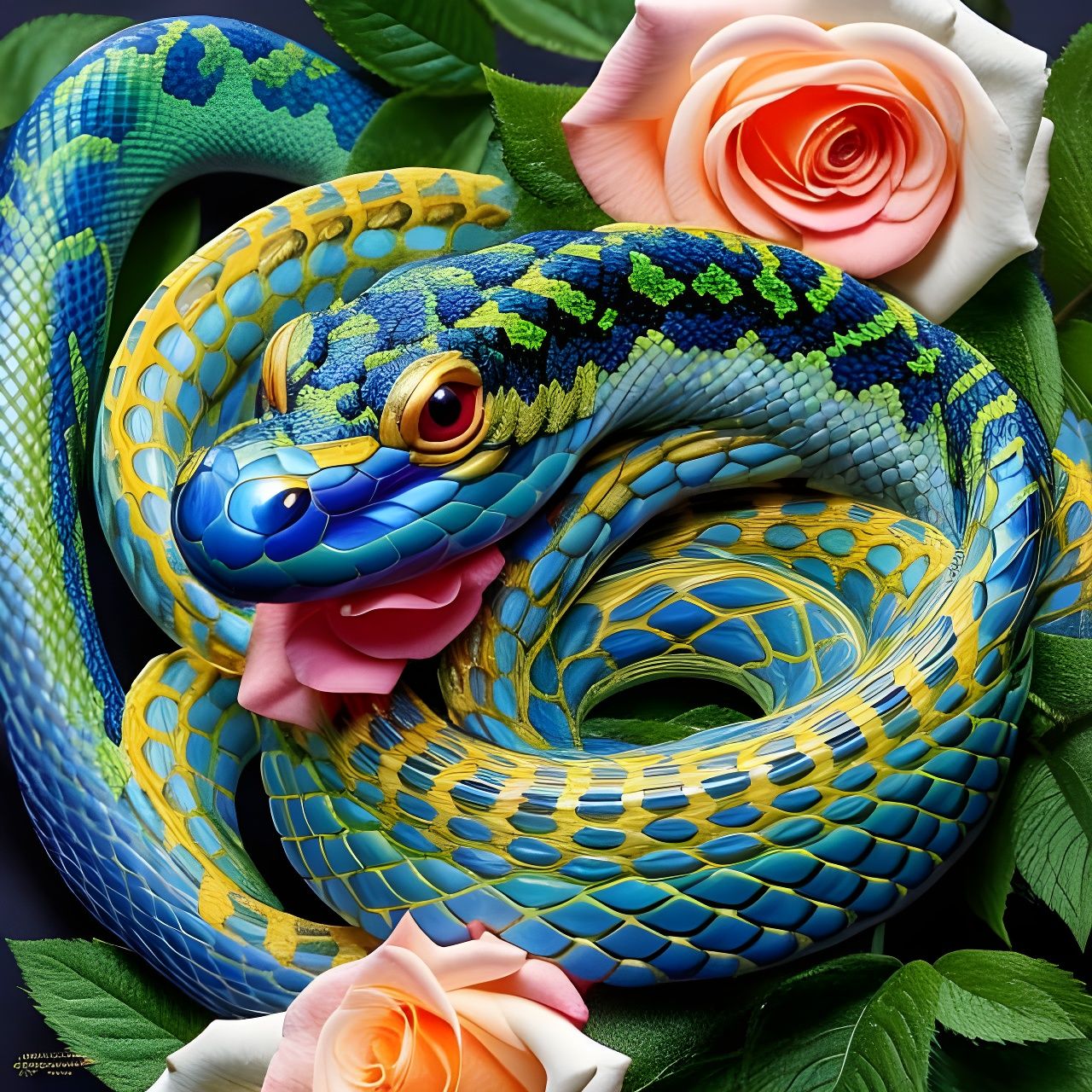 Gorgeous Viper Snake in Rose Garden, Detailed Illustration