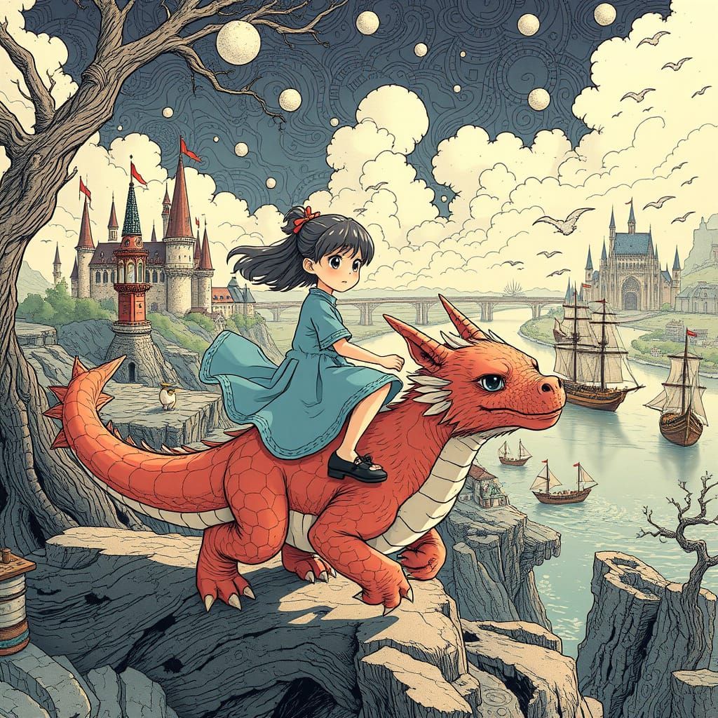 Girl Rides Furry Dragon Pup Through Whimsical Fantasy Kingdo...