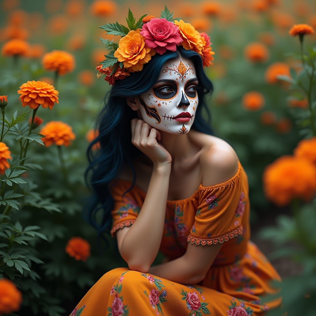 Day of the Dead Woman in Marigold Garden