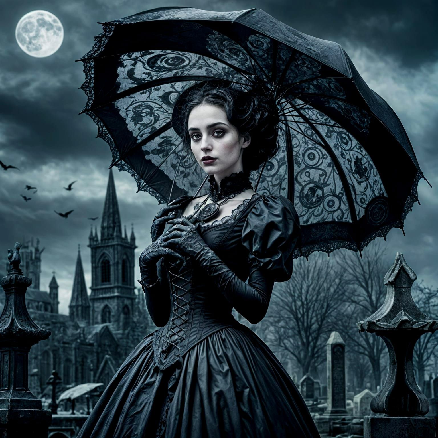 Gothic Girl at Graveyard in Burtonesque Style