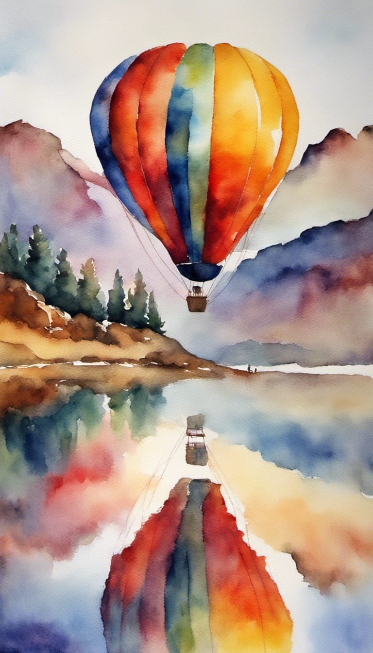 Impressionistic Watercolor of Mountain Hot Air Balloon