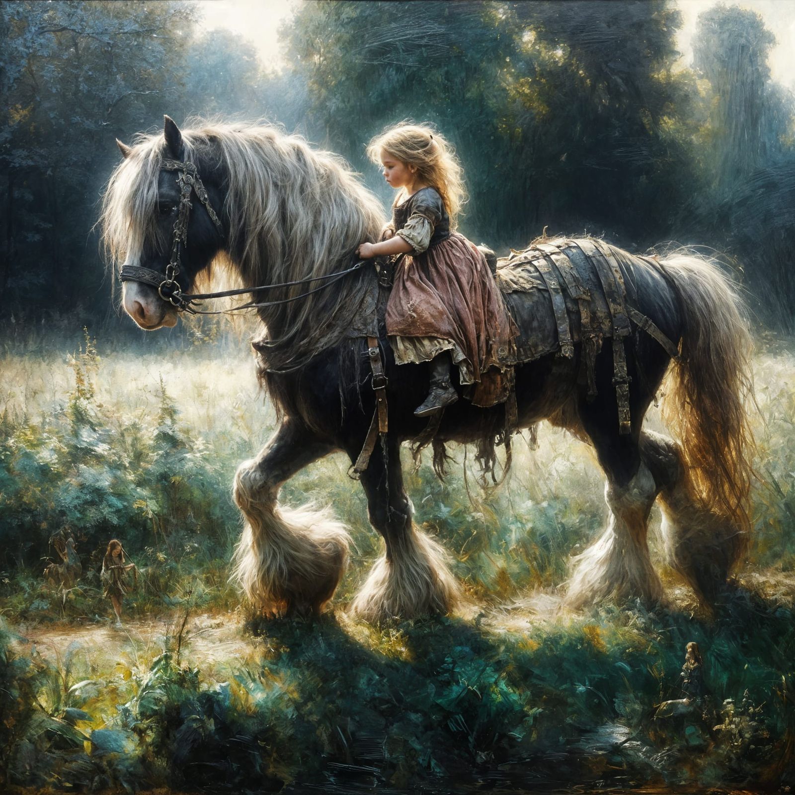 Majestic Girl Rides Clydesdale in Sunlit Field