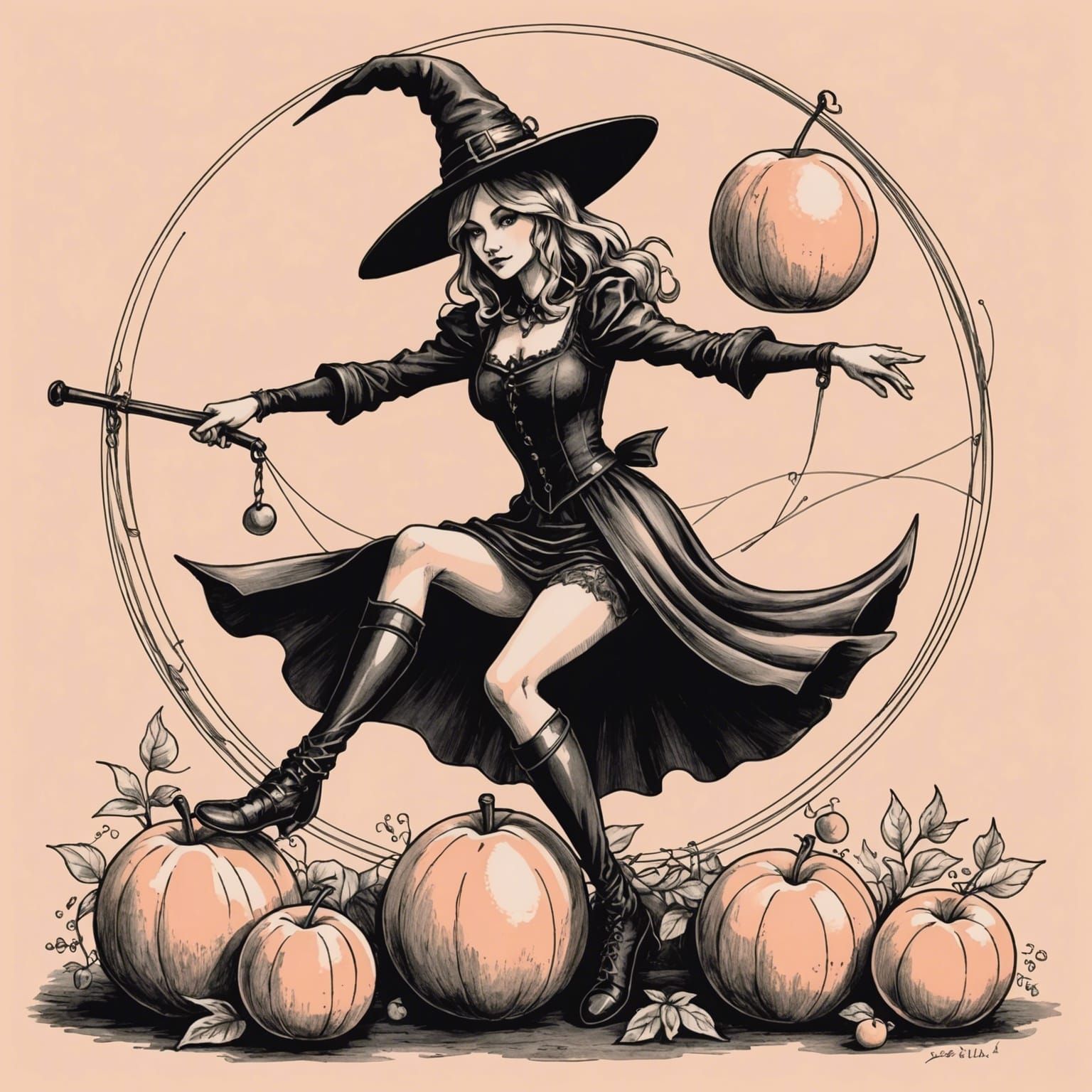 Pilates Peach Witch: Whimsical Ink Illustration