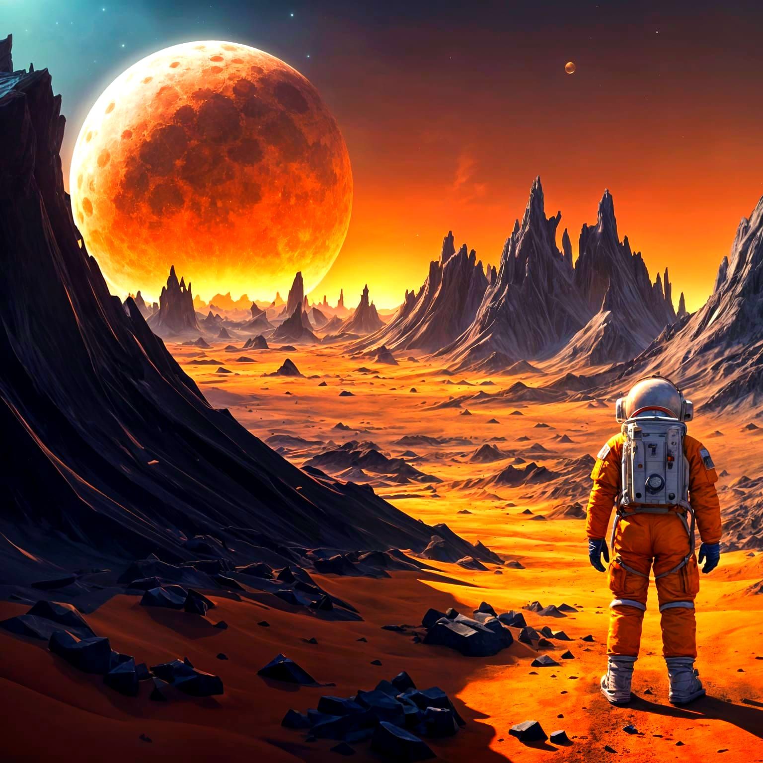 Astronaut on the Lunar Surface in a Panoramic Low-Angle View