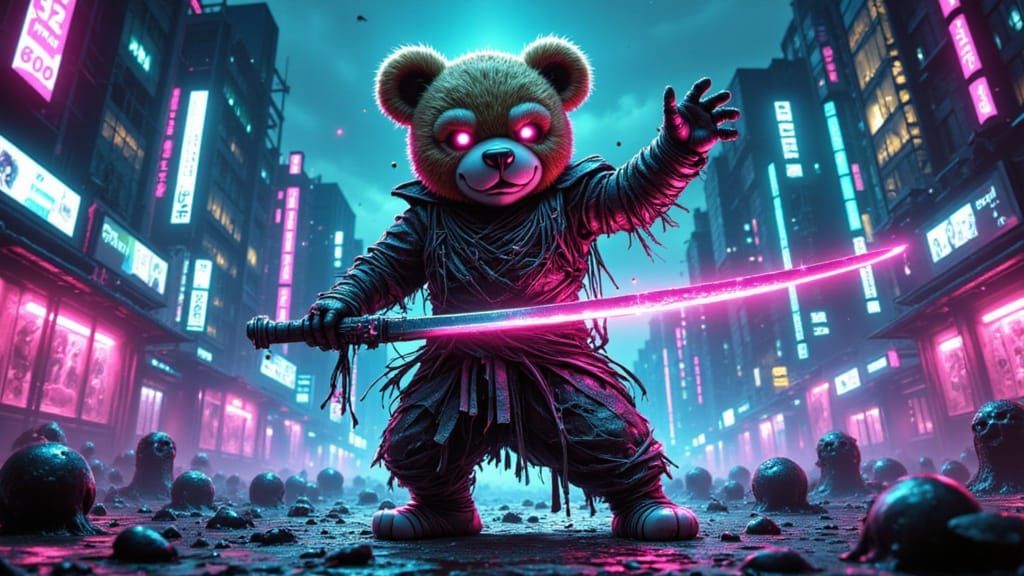 Cyberpunk Samurai Teddy Bear Battles Ghosts in a Futuristic ...