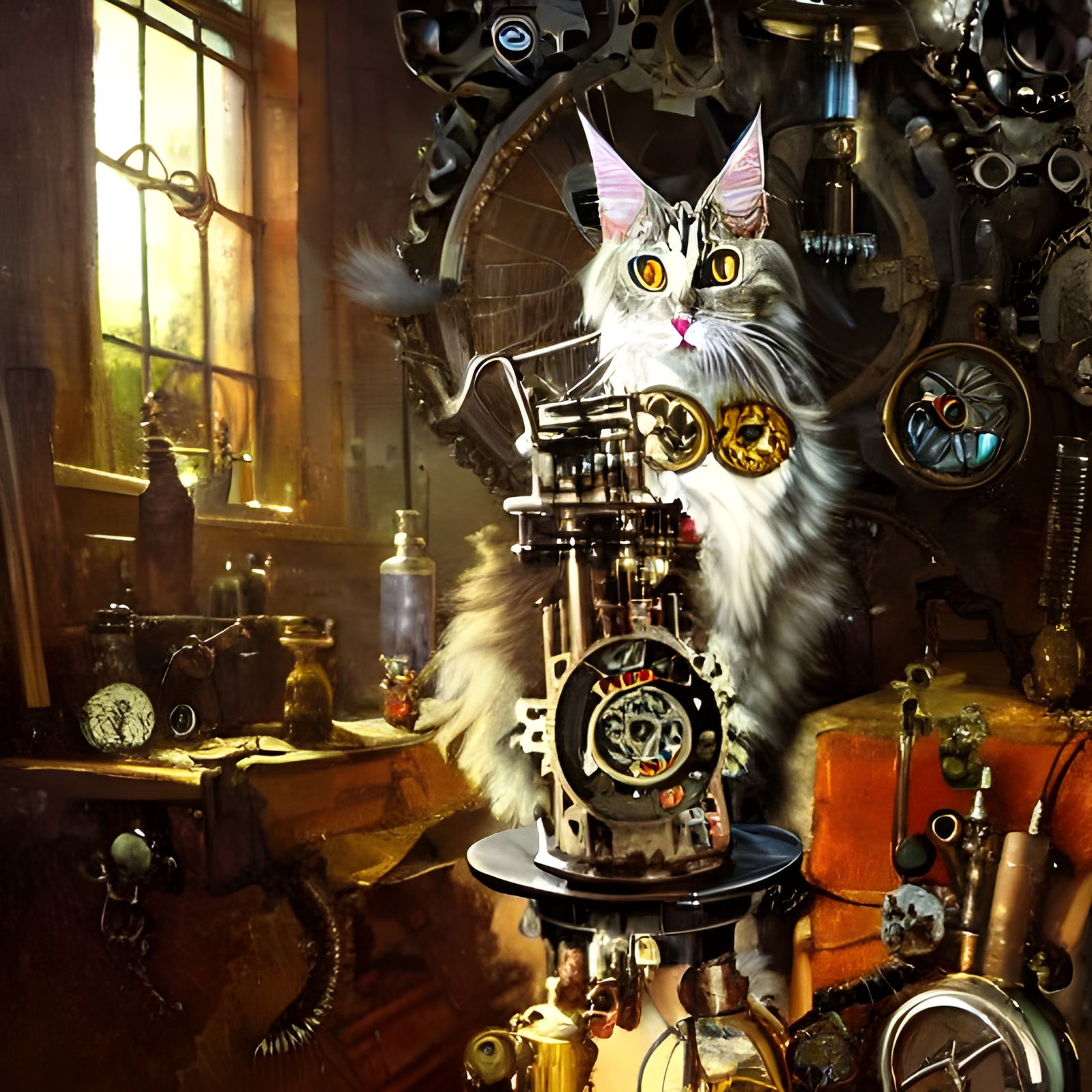 Maine Coon Cat with Steampunk Clockwork Bong