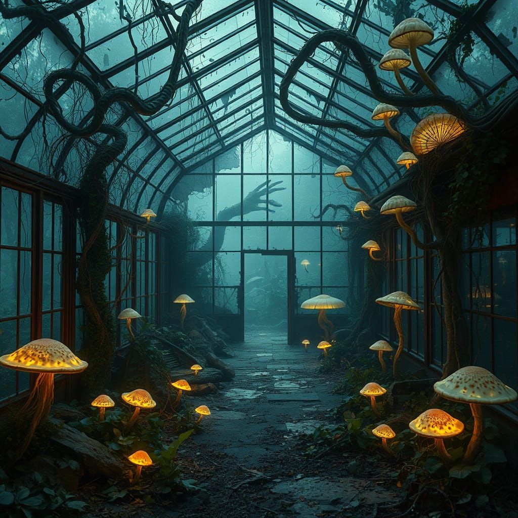 Eerie Greenhouse Overtaken by Glowing Fungi