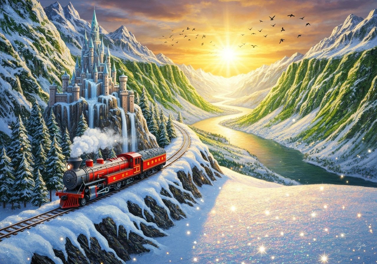 Vivid Red Steam Train in Snowy Mountain Landscape at Golden ...