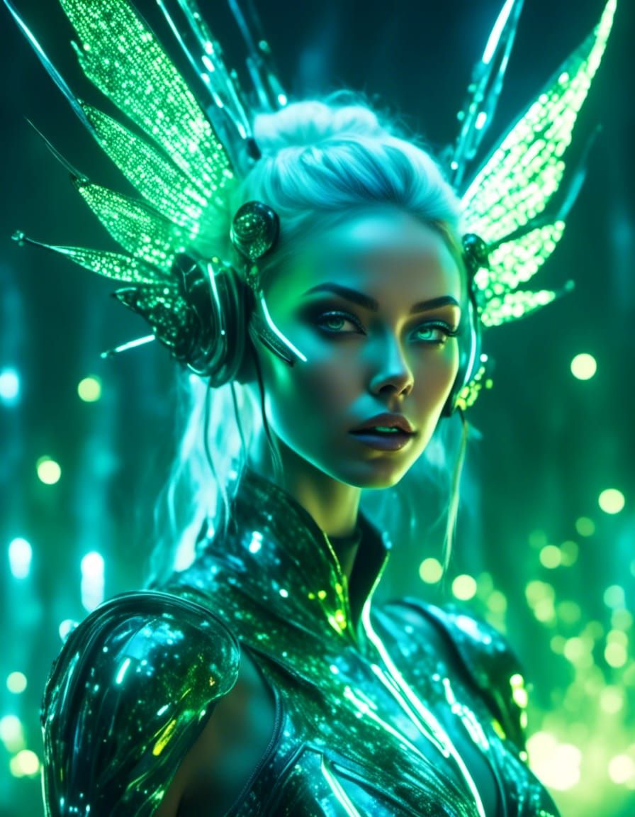 Futuristic Fairy Recharges in Grove: Anime-Inspired Art