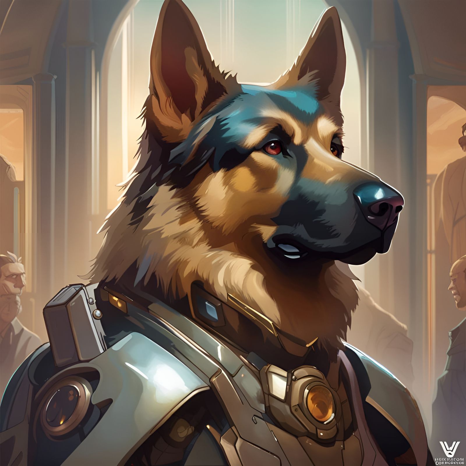 Half-Robot German Shepherd Portrait, Detailed Digital Art