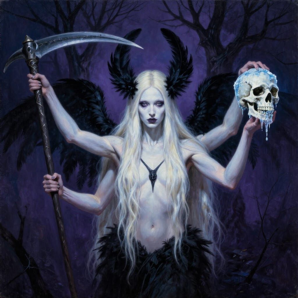 Chiaroscuro Oil Painting of Four-Armed Witch Goddess