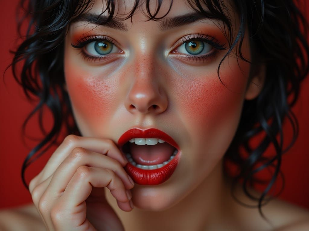 Hyperrealistic Portrait of Woman Biting Lip