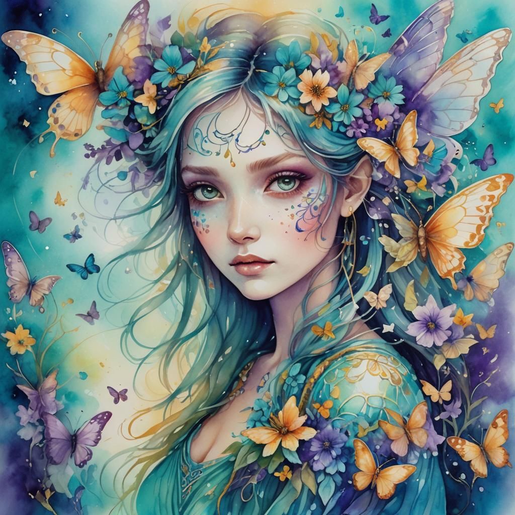 Psychedelic Fairy Portrait in Watercolor Style