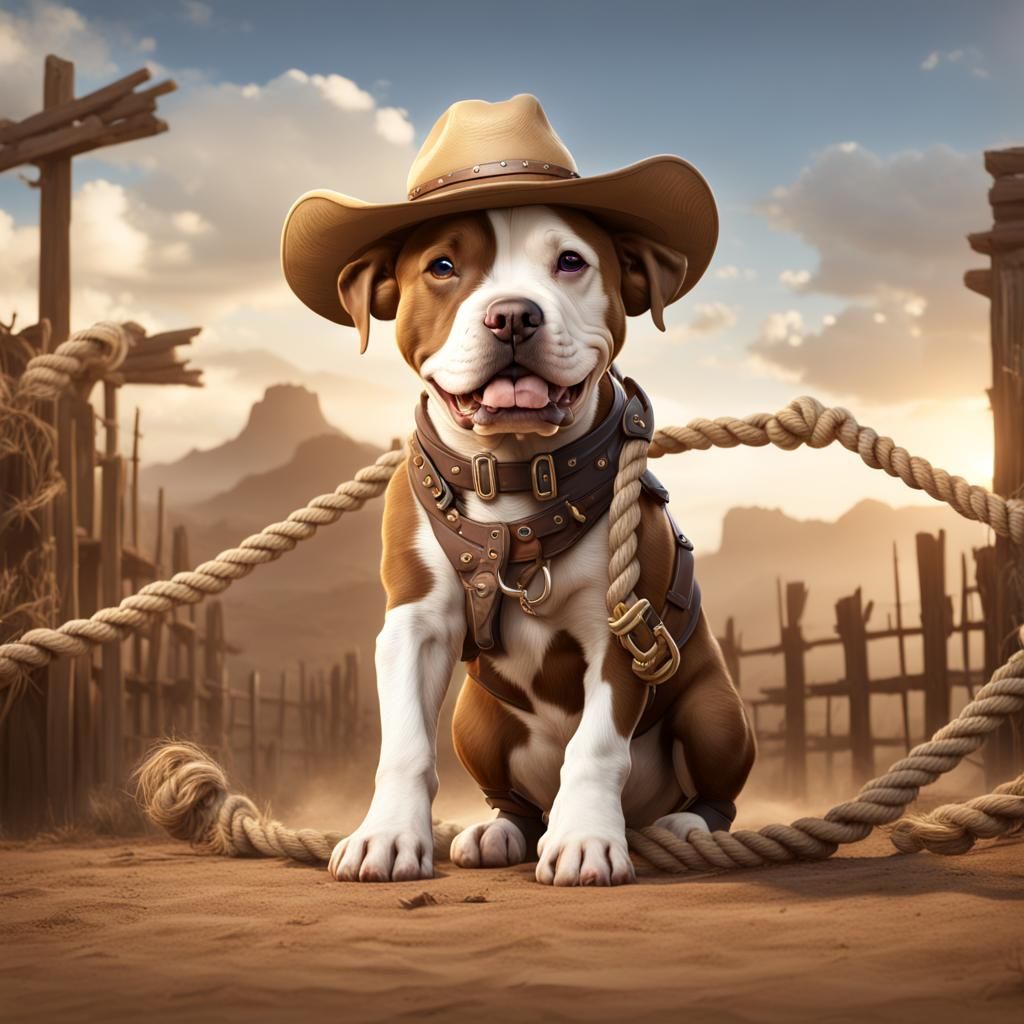 Adorable Cowboy Pitbull Puppy in Detailed Digital Painting