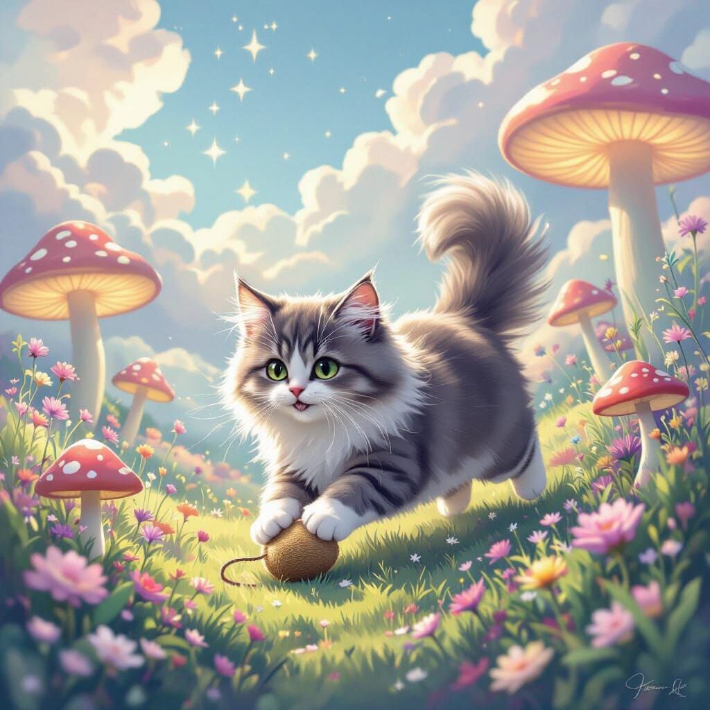 Fluffy Grey Cat Plays with Toy in Dreamland