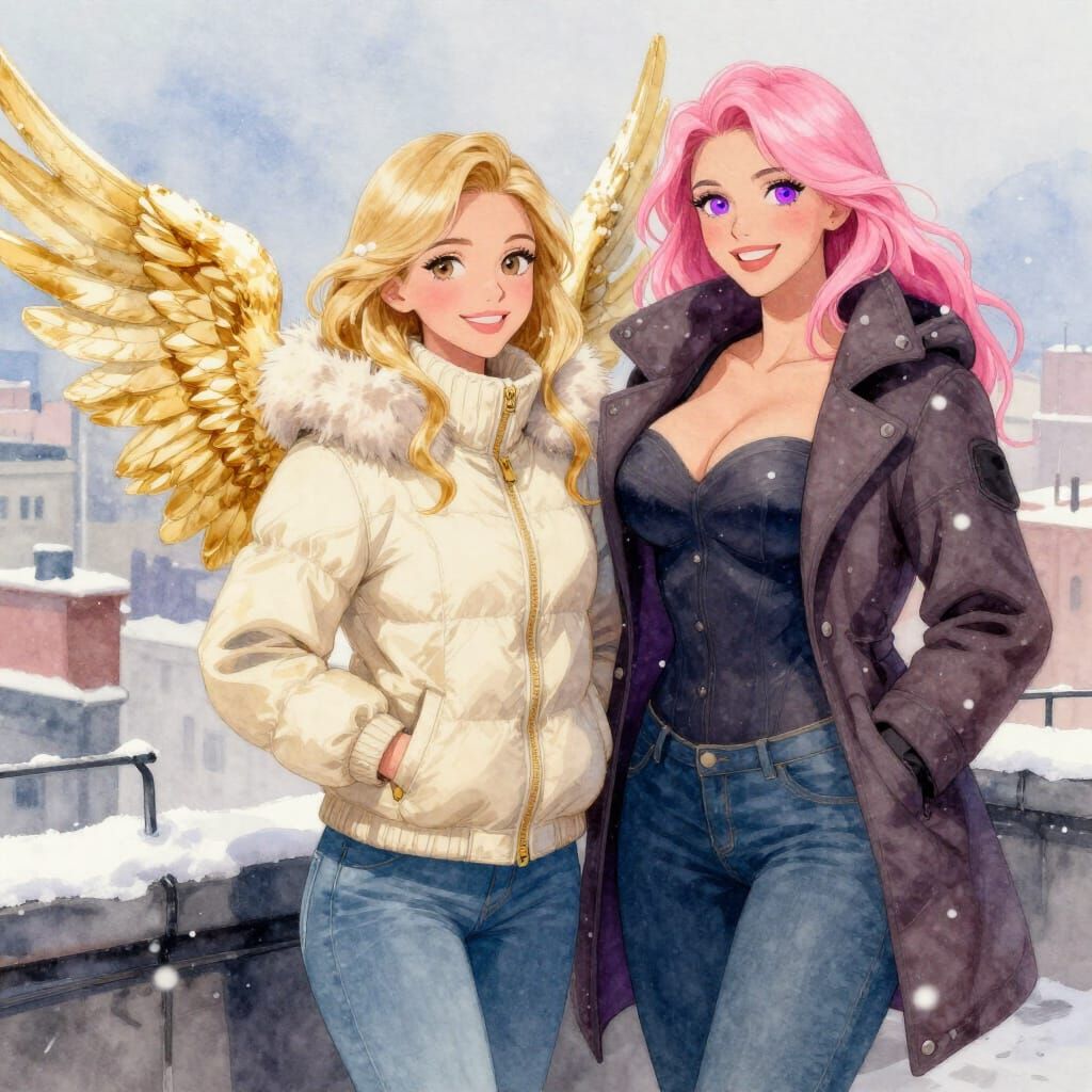 Angelic Friends Enjoy Snowy Rooftop